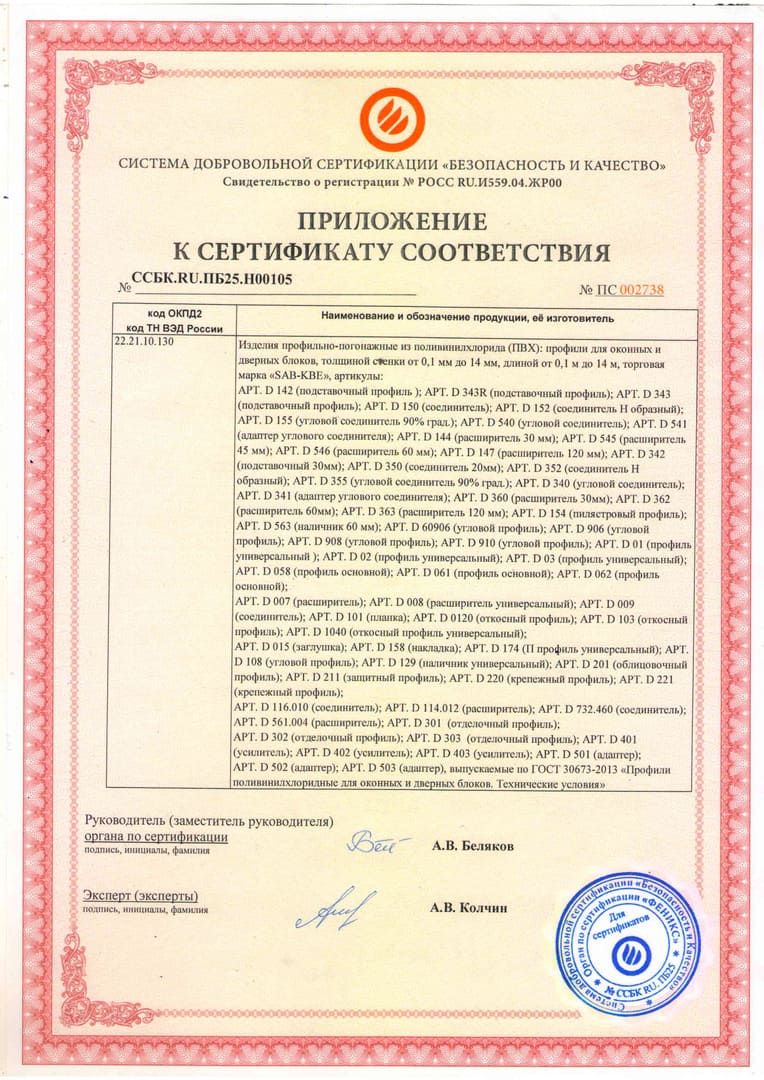Приложение к сертификату на профили ПВХ